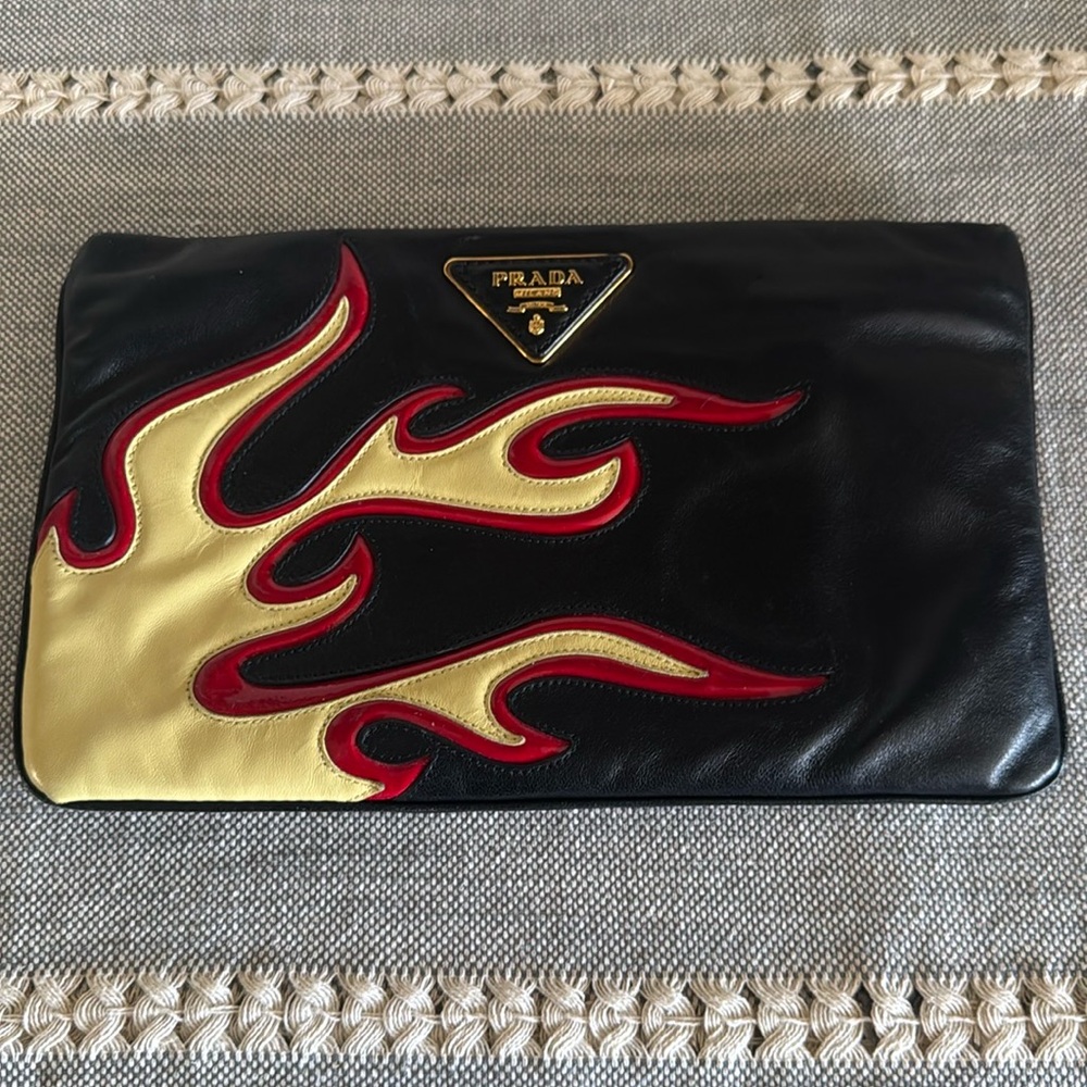 Prada Black Leather Runway Flame Pouch